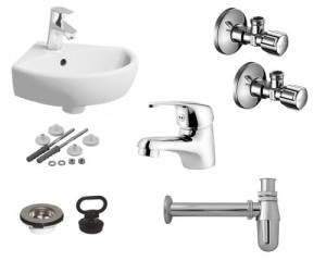 Umywalka narożna + bateria + syfon + chrom + zawory shell + korek Zestaw 6w1 