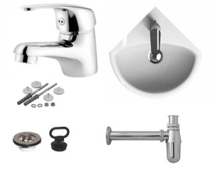 Umywalka narożna + bateria + syfon + chrom + korek Zestaw 5w1