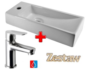 ZESTAW 2w1: Umywalka mała ceramiczna prostokątna TRIM, biała+ Bateria umywalkowa bez odpływu 26 mm, SMALL chrom