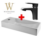 Zestaw 2w1 Wiesbaden: Bateria umywalkowa 151mm TARMA czarna/chrom + Umywalka mała ceramiczna prostokątna 38x14cm TRIM, biała lewa