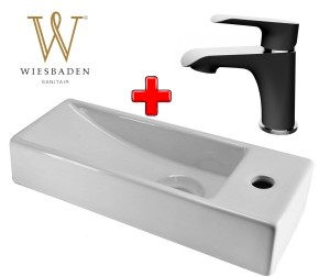 Zestaw 2w1 Wiesbaden: Bateria umywalkowa 151mm TARMA czarna/chrom + Umywalka mała ceramiczna prostokątna 38x14cm TRIM, biała prawa