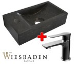 Zestaw 2w1 Wiesbaden: Bateria umywalkowa CASMA czarna/chrom + Mała umywalka z kamienia B-STONE XS 36x18cm, RĘCZNIE WYKONANY lewa