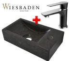 Zestaw 2w1 Wiesbaden: Bateria umywalkowa CASMA czarna/chrom + Mała umywalka z kamienia B-STONE XS 36x18cm, RĘCZNIE WYKONANY prawa