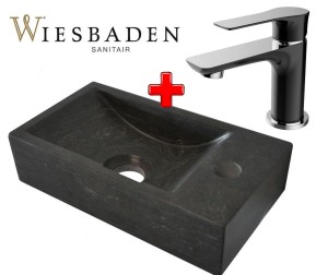 Zestaw 2w1 Wiesbaden: Bateria umywalkowa CASMA czarna/chrom + Mała umywalka z kamienia B-STONE XS 36x18cm, RĘCZNIE WYKONANY prawa