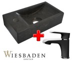 Zestaw 2w1 Wiesbaden: Bateria umywalkowa 151mm TARMA czarna/chrom + Mała umywalka z kamienia B-STONE XS 36x18cm, RĘCZNIE WYKONANY lewa