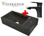 Zestaw 2w1 Wiesbaden: Bateria umywalkowa 151mm TARMA czarna/chrom + Mała umywalka z kamienia B-STONE XS 36x18cm RĘCZNIE WYKONANY prawa
