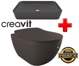 ZESTAW 3w1: Miska WC podwieszana z deską soft-close +Umywalka nablatowa 60x40x10 cm, CREAVIT antracyt mat