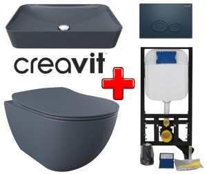 ZESTAW 5w1 CREAVIT, szary ultra mat RIMLESS: Umywalka nablatowa + Miska WC podwieszana bezkołnierzowa + deska soft-close + przycisk SPA + Stelaż podtynkowy, Regulacja 180-230 mm, 3/6L, 300kg 