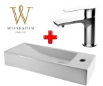 Zestaw 2w1 Wiesbaden: Bateria umywalkowa CASMA chrom + Umywalka mała ceramiczna prostokątna 38x14cm TRIM, biała prawa