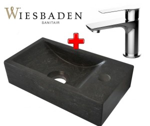 Zestaw 2w1 Wiesbaden: Bateria umywalkowa CASMA chrom + Mała umywalka z kamienia B-STONE XS 36x18cm, RĘCZNIE WYKONANY prawa