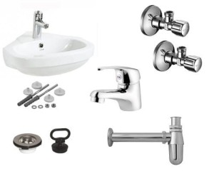 Umywalka narożna + bateria + syfon chrom + zawory shell + korek Zestaw 6w1