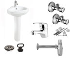 Umywalka narożna+postument + bateria + syfon chrom + zawory shell + korek Zestaw 7w1