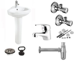 Umywalka narożna+postument + bateria + syfon chrom + zawory shell + korek Zestaw 7w1