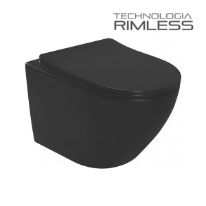 CZARNA MAT MISKA WC RIMLESS 49x37 cm+ DESKA SLIM WOLNOOPADAJĄCA DUROPLAST 