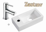 Zestaw: Umywalka mała ceramiczna prostokątna 36x18cm XS RHEA, biała matowa +  Bateria mini 13 cm do otworu 25mm, chrom 