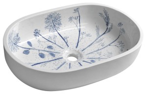 Umywalka ceramiczna 60x13,5x40 cm biała/niebieskie dmuchawce