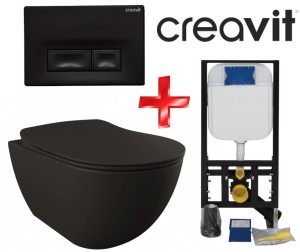 ZESTAW 4w1 CREAVIT czarny ultra mat : Miska WC podwieszana + deska soft-close + przycisk SPA + Stelaż podtynkowy, Regulacja 180-230 mm, 3/6L, 300kg