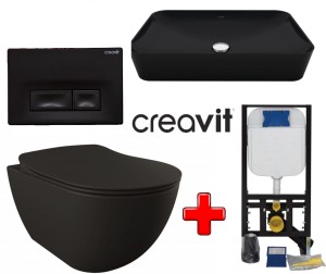 ZESTAW 5w1 CREAVIT czarny ultra mat RIMLESS: Miska WC podwieszana bezkołnierzowa + deska soft-close +Umywalka nablatowa + przycisk SPA + Stelaż podtynkowy, Regulacja 180-230 mm, 3/6L, 300kg
