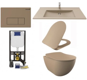 Beżowy zestaw ceramiki Miska WC podwieszana 352x340x510 mm z deską soft+Umywalka 100x45 cm Creavit+ Stelaż podtynkowy, Regulacja 180-230 mm, 3/6L, 300kg +przycisk 