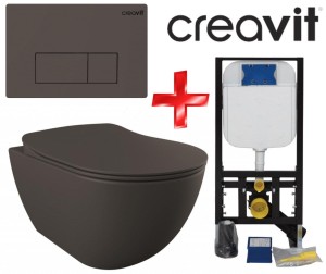 ZESTAW 4w1 CREAVIT, antracyt ultra mat RIMLESS:  Miska WC podwieszana bezkołnierzowa + deska soft-close + przycisk DROP + Stelaż podtynkowy, Regulacja 180-230 mm, 3/6L, 300kg