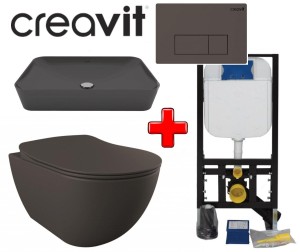 ZESTAW 5w1 CREAVIT, antracyt ultra mat RIMLESS: Umywalka nablatowa + Miska WC podwieszana bezkołnierzowa  + deska soft-close + przycisk TERRA + Stelaż podtynkowy, Regulacja 180-230 mm, 3/6L, 300kg 