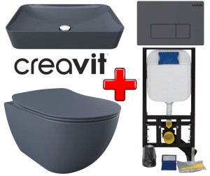 ZESTAW 5w1 CREAVIT, szary ultra mat : Umywalka nablatowa + Miska WC podwieszana rimless+ deska soft-close + przycisk SPA + Stelaż podtynkowy, Regulacja 180-230 mm, 3/6L, 300kg 