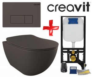 ZESTAW 4w1 CREAVIT, antracyt ultra mat:  Miska WC podwieszana + deska soft-close + przycisk DROP + Stelaż podtynkowy, Regulacja 180-230 mm, 3/6L, 300kg