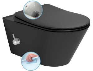 Miska WC Rimless, z prysznicem bidetowym i baterią 35,5x53 cm+ DESKA SLIM,  czarny mat AVVA 