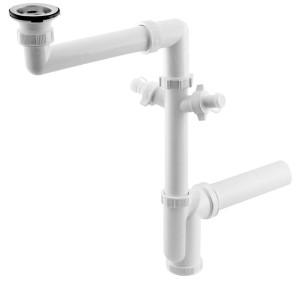 Syfon zlewozmywakowy oszczędzający miejsce, 2 podłączenia, spust z korkiem, 6/4", DN40, biały
