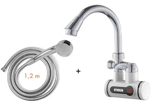 Przepływowy podgrzewacz wody 2 – 2,5 l / min + kabel z wtyczką+ słuchawka prysznicowa z wężem 1,2 m, 220 – 240 V 50 Hz, montaż na ścianie