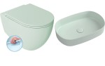 Miska WC wisząca Rimless 36,5x53cm / 18 cm rozstaw śrub + Deska WC SLIM, Easy Take, Soft Close +umywalka 55x36cm ,  INFINITY mint 