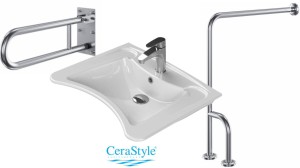 ZESTAW 3w1: Umywalka dla niepełnosprawnych 60x50cm , biała CeraStyle + Uchwyt łazienkowy uchylny 60 cm + Poręcz ściana /podłoga lewa 75/80cm