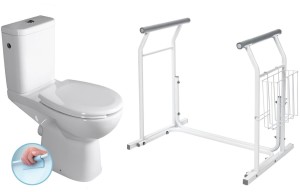 WC kompakt RIMLESS 37,5x86,5x67,5 cm dla niepełnosprawnych z deską ,  odpływ poziomy , HANDICAP + Podpora przenośna do WC 715x660x490 mm / 150 kg biały