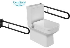 Kompakt WC  z funkcją bidetu +bateria CIEPŁA/ZIMNA woda 34,5x62x76,5 cm odpływ pion/ poziom  + deska soft-close, biały Noura CeraStyle + 2x poręcz składana 600mm, czarny mat 