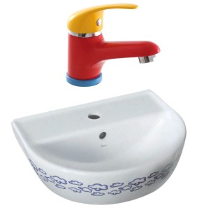 Umywalka + bareria KID  dla dzieci,  35x45x18  cm podwieszana ceramiczna we wzorki chmurki , Yumurcak CeraStyle