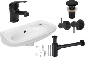 Zestaw: Umywalka wisząca 51x25x14,5 cm SLIM z przelewem+ bateria umywalkowa 13cm czarna +korek + syfon umywalkowy+2 x Zawór kątowy okrągły 1/2 x 3/8 + Komplet śrub do mocowania umywalki 