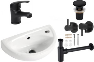 Zestaw: Umywalka wisząca 39x23cm z przelewem+ bateria umywalkowa 13cm czarna +korek + syfon umywalkowy+2 x Zawór kątowy okrągły 1/2 x 3/8 + Komplet śrub do mocowania umywalki  