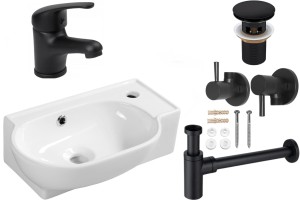 Zestaw: Umywalka wisząca 45x28cm z przelewem+ bateria umywalkowa 13cm czarna +korek + syfon umywalkowy+2 x Zawór kątowy okrągły 1/2 x 3/8 + Komplet śrub do mocowania umywalki     