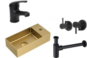 Zestaw: umywalka ze stali nierdzewnej  36,5x18cm z korkiem, lewa/prawa  złoty mat+ bateria 13cm czarna+ syfon umywalkowy+2 x Zawór kątowy okrągły 1/2 x 3/8 + Kom