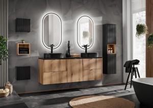 Zestaw mebli łazienkowych szafki pod umywalkę + szafka wisząca + regały NOVA OAK i BLACK
