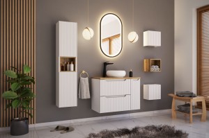 Zestaw mebli łazienkowych szafki pod umywalkę + szafka wisząca + regały NOVA WHITE i OAK
