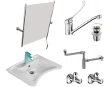 Komplet 6w1 : Lustro + Umywalka dla niepełnosprawnych 60x50cm Cerastyle , Bateria umywalkowa z uchwytem specjalistycznym +korek, Syfon, 2x Zawór 