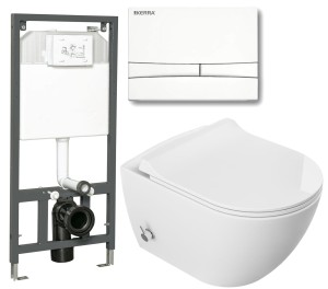 ZESTAW 5w1: stelaż + przycisk biały + Miska WC z  funkcją  bidetu Rimless 51x36x32,5 cm i z baterią ciepła zimna /woda +deska duroplastslim soft close , biała 