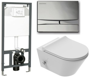 ZESTAW: Stelaż + przycisk  chrom  + Miska WC z funkcją bidetu, Tornado z baterią ciepła zimna /woda +deska duroplast slim soft close, biała Viba Azul