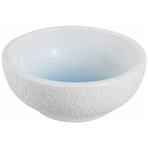 Mała umywalka nablatowa 43x17 cm okrągła , biały mat/niebieski  z kwiatowym zdobieniem