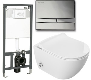 ZESTAW 5w1: stelaż + przycisk chrom + Miska WC z  funkcją  bidetu Rimless 51x36x32,5 cm i z baterią ciepła zimna /woda +deska duroplastslim soft close , biała  