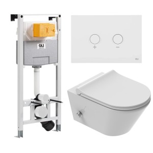 ZESTAW: Stelaż OLI +  przycisk biały + Miska WC z funkcją bidetu, Tornado z baterią ciepła zimna /woda +deska duroplast slim soft close, biała Viba Azul  