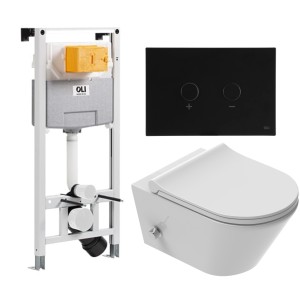 ZESTAW: Stelaż OLI +  przycisk czarny+ Miska WC z funkcją bidetu, Tornado z baterią ciepła zimna /woda +deska duroplast slim soft close, biała Viba Azul
