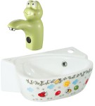 Umywalka dla dzieci  39x29 cm podwieszana KID + Bateria dla dzieci 18,5 cm umywalkowa/ sensor stojąca ceramiczna 6V DC (4xAA), zielona żaba