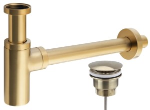 Syfon umywalkowy 5/4", odpływ 32 mm, okrągły + korek umywalkowy 5/4'' niezamykany, złoto mat PVD